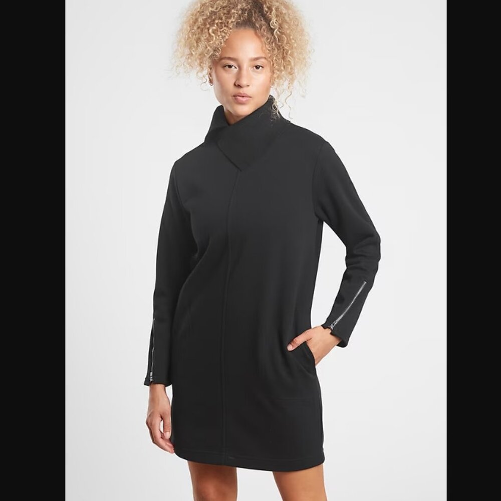 ATHLETA Cozy Karma Mock Neck Vela Short Dress | XS | Black Atheisure Travel EUC
